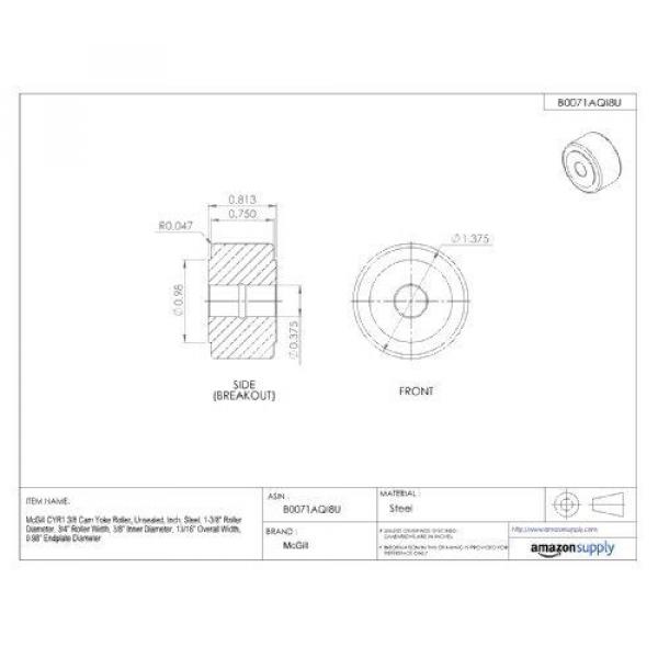 McGill CYR1 3/8 Cam Yoke Roller, Unsealed, Inch, Steel, 1-3/8&#034; Roller Diameter, #2 image